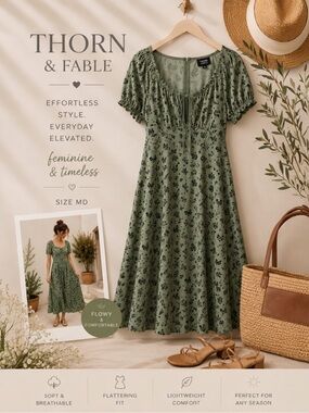Thorn & Fable Green Cottagecore Fairy Grunge Midi Dress Mushroom Butterfly M